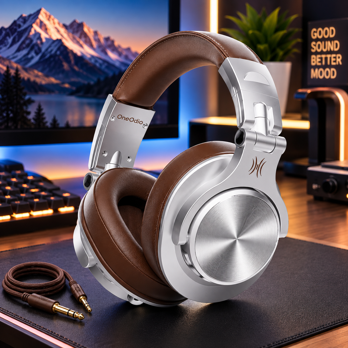 OneOdio silver and brown over-ear headphones