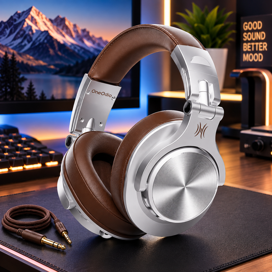 OneOdio silver and brown over-ear headphones