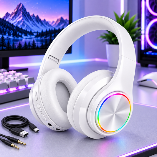 White RGB Bluetooth over-ear headset
